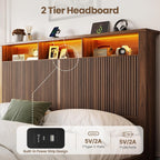 CypBed King Size Bed Frame and Headboard& 2 Storage Drawers, King Bed Frame with LED Light and Charging Port, Farmhouse Wavy Design, Wood & Metal Platform, Noise-Free, No Box Spring Needed, Walnut