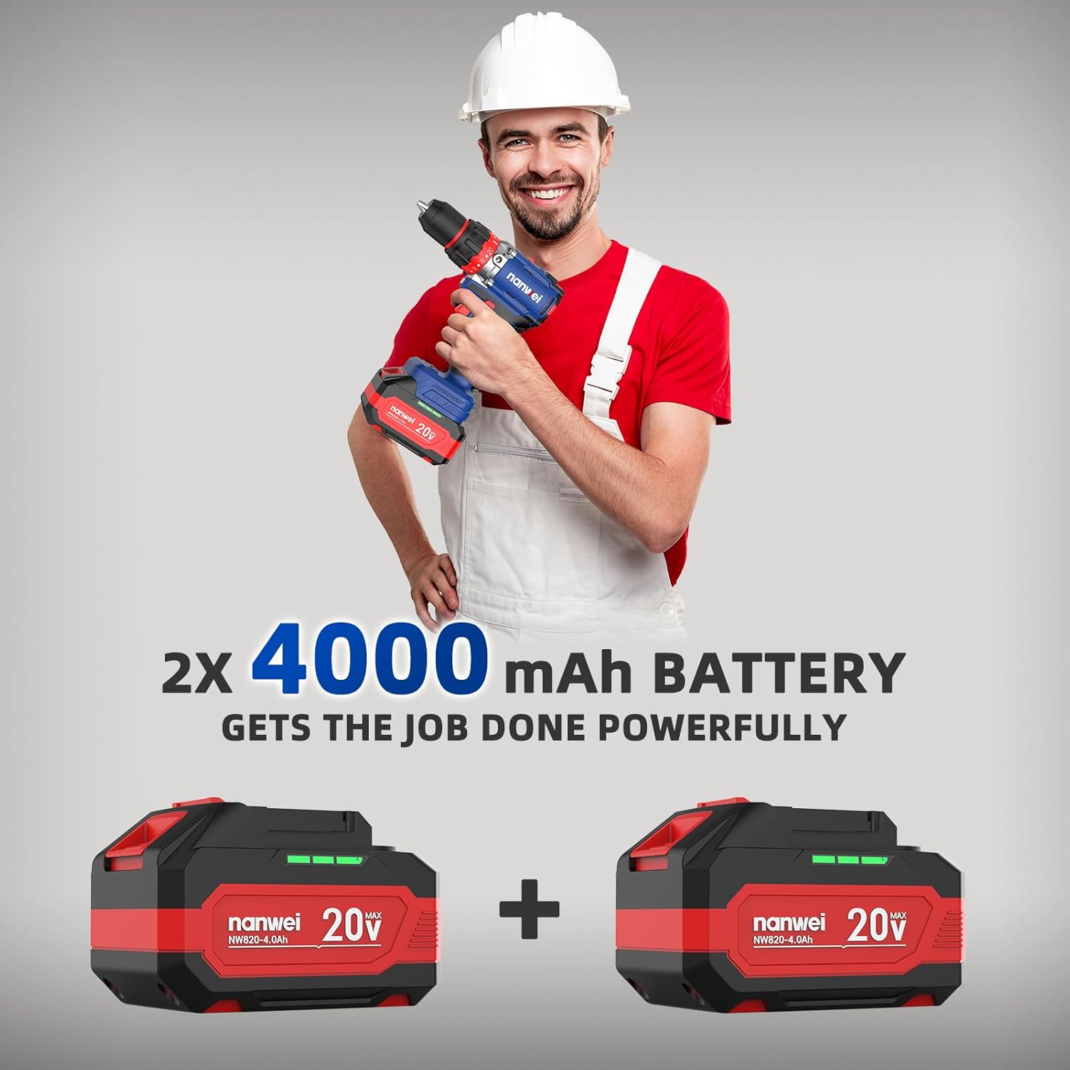 NANWEI Hammer Drill, 1100 in-lbs, 26000BPM, 1/2" Keyless Metal Chuck, 20+1+1 Clutch, 2x4.0Ah Batteries, 20V Brushless Cordless Heavy-duty Impact Drill Kit for Drilling concrete,Brick Wall, Metal, Wood