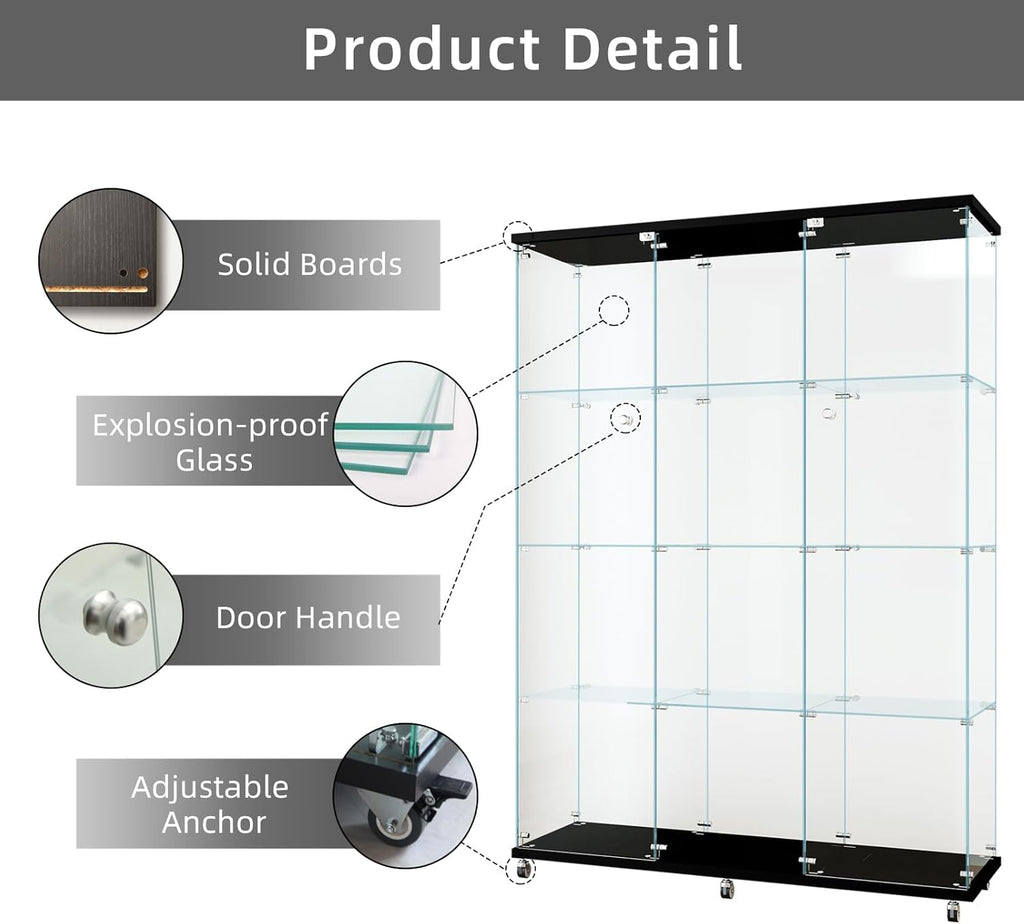 LFT HUIMEI2Y Glass Display Cabinet 12 Shelves with 3 Columns 2 Doors and Lock, Extra Large DIY Curio Cabinets Quick-Install Style Tempered Glass Bookshelf for Living Room, Bedroom, Black