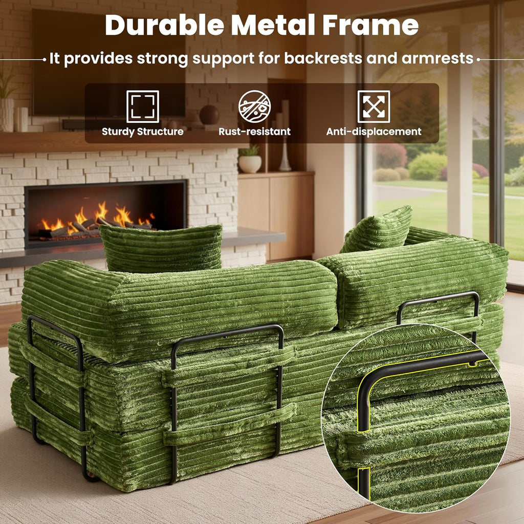 ovios 81" Folding Sofa Bed, Foldable Sleeper Boneless Couch with Pull Out Beds, Modular Convertible Floor Futon Loveseat Lounger for Living Room (Faux Fur, Green)