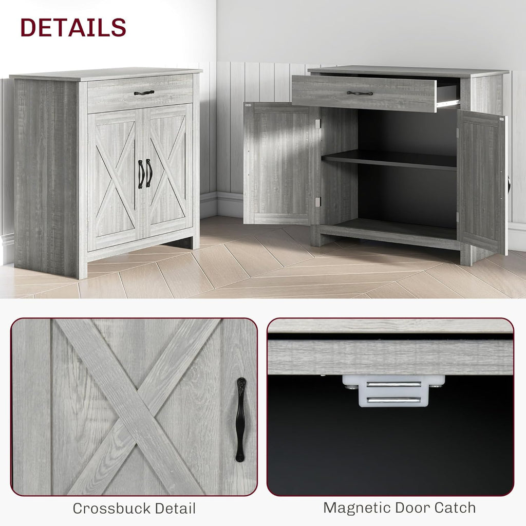 HOMCOM Farmhouse Sideboard Buffet Cabinet, Barn Door Coffee Bar Cabinet with Drawer and Adjustable Shelf for Kitchen, Living Room, Entryway, Stone Gray