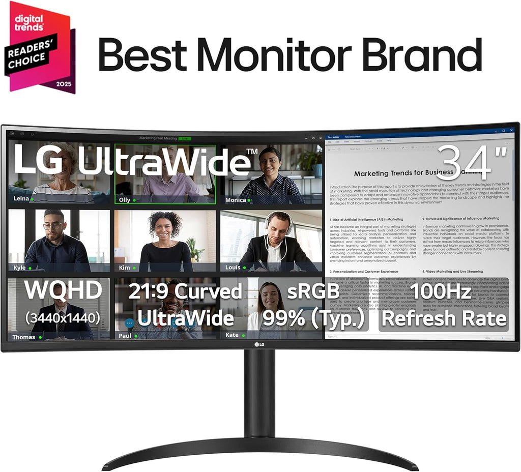 LG 34WR55QK-B 34-inch UltraWide WQHD (3440 x 1440) Curved Computer Monitor  100Hz  5ms  HDR10  Reader Mode  HDMI  DisplayPort  USB Type-C  Tilt/Height Adjustable Stand  Black