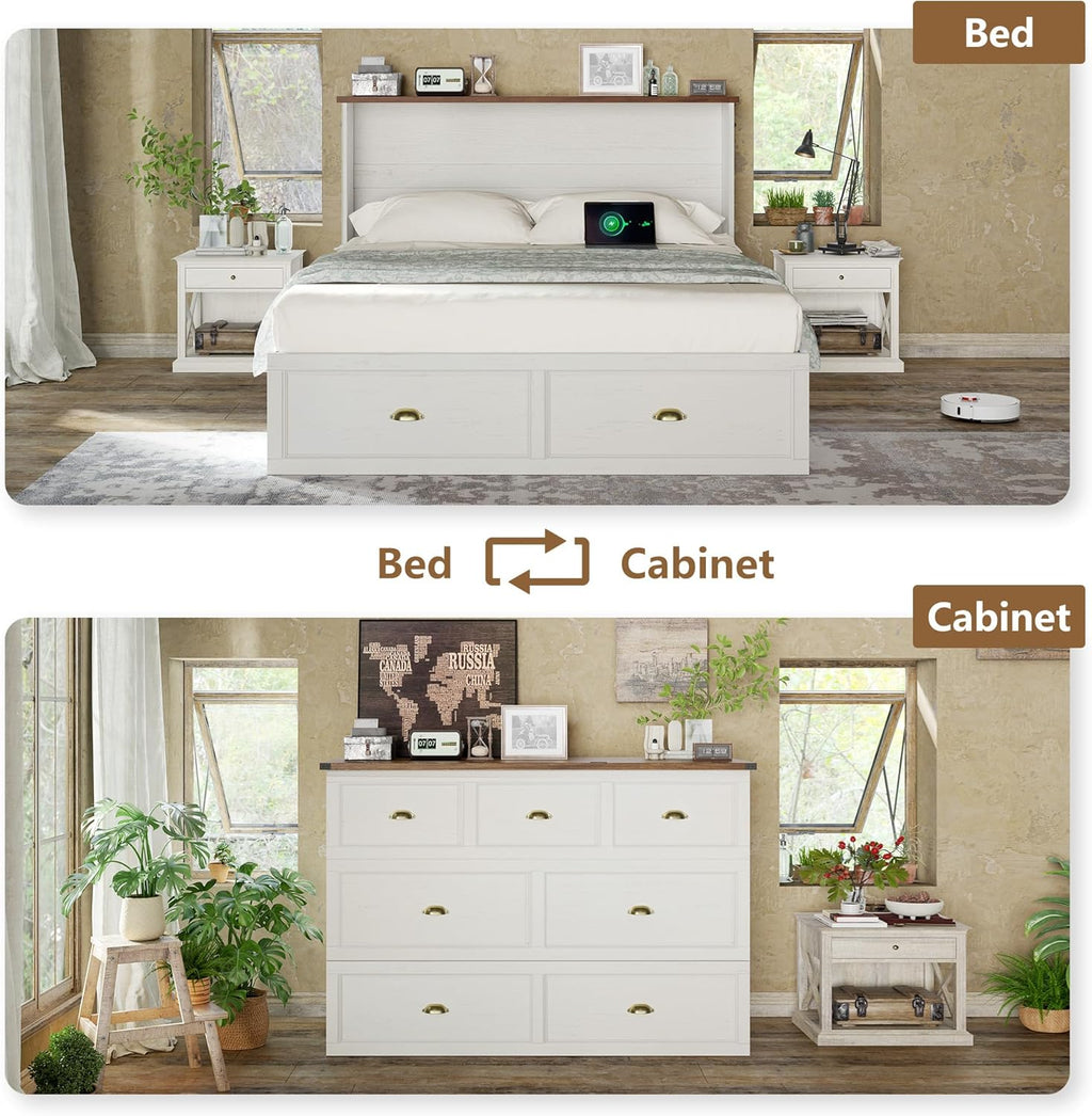 AMERLIFE Queen Size Murphy Bed, Farmhouse Wooden Cabinet with Charging Station and Storage Drawer for Bedroom/Office/Guest Room, White+Barnwood