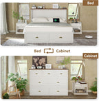 AMERLIFE Queen Size Murphy Bed, Farmhouse Wooden Cabinet with Charging Station and Storage Drawer for Bedroom/Office/Guest Room, White+Barnwood