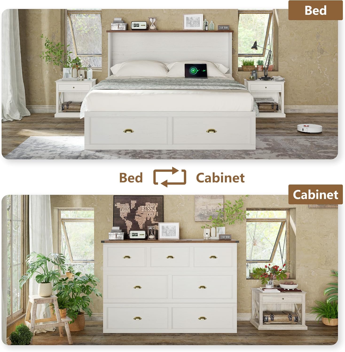 AMERLIFE Queen Size Murphy Bed, Farmhouse Wooden Cabinet with Charging Station and Storage Drawer for Bedroom/Office/Guest Room, White+Barnwood