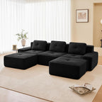 117" Modern Compressed Boneless Couch with Ottoman, 3 Seater Large U Shaped Sectional Couches for Living Room, Black Corduroy Cloud Modular Sectional Sofa, Memory Foam, Extra Deep, No Assembly
