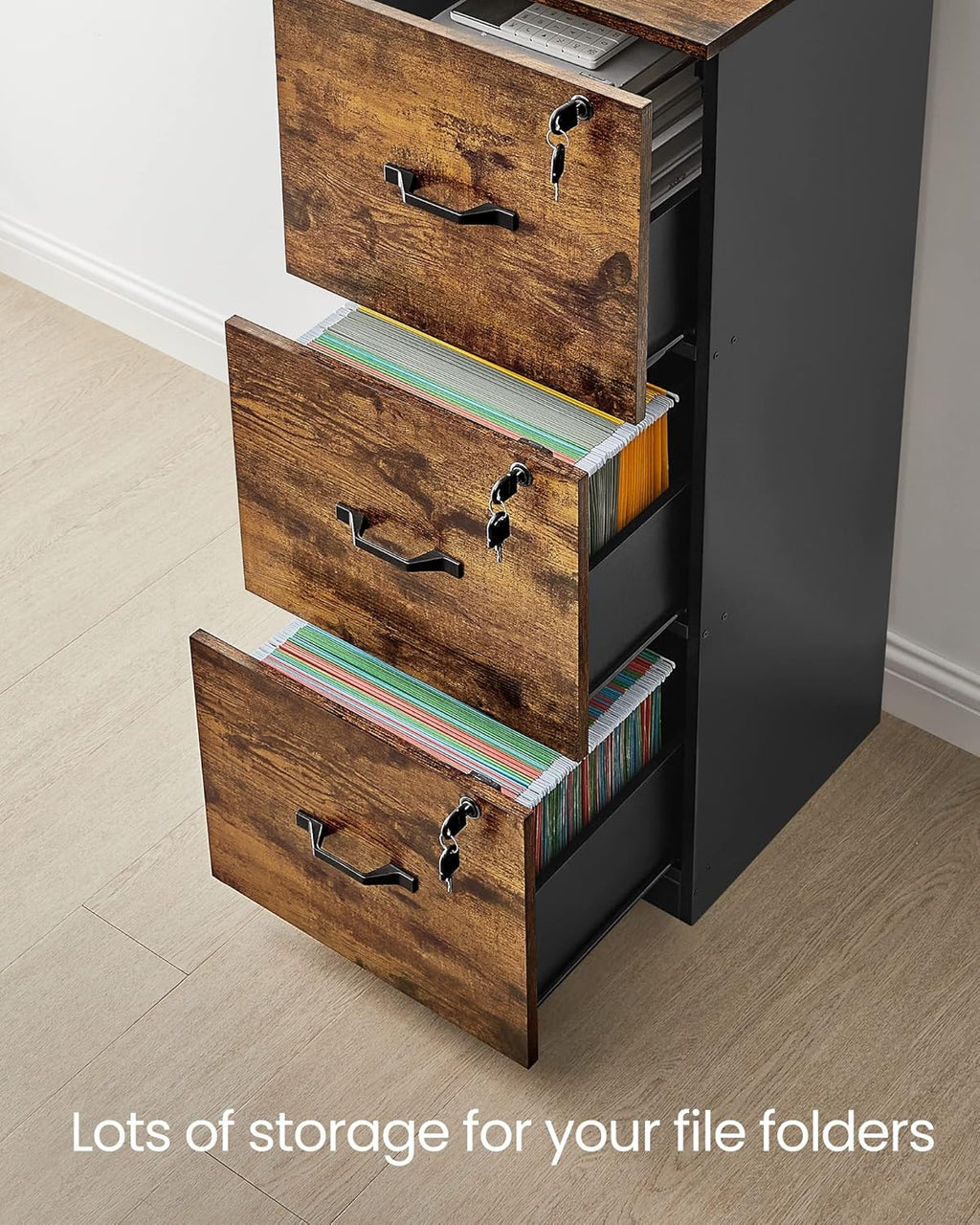 VASAGLE 3-Drawer Vertical File Cabinet, Filing Cabinet for Home Office, Printer Stand, with 3 Lockable Drawers, Adjustable Hanging Rail, for A4 and Letter-Size Files, Rustic Brown and Black UOFC055B01