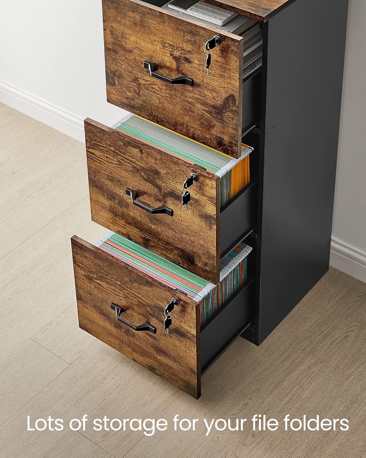 VASAGLE 3-Drawer Vertical File Cabinet, Filing Cabinet for Home Office, Printer Stand, with 3 Lockable Drawers, Adjustable Hanging Rail, for A4 and Letter-Size Files, Rustic Brown and Black UOFC055B01