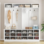 WOODTIME Extra Large Hall Tree with Bench and Shoe Storage, Multi-Purpose Entryway Bench with Coat Rack, Adjustable Shelves, 6 Double Hooks and 21 Open Compartments, White