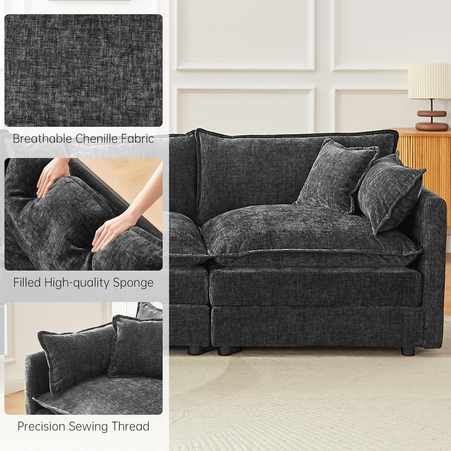 Modular Sectional Sofa 112.2 Inch L Shaped Couch Set with Armrests, 3-Seater Comfortable Cloud Couches with Movable Ottoman for Living Room Apartment, Grey