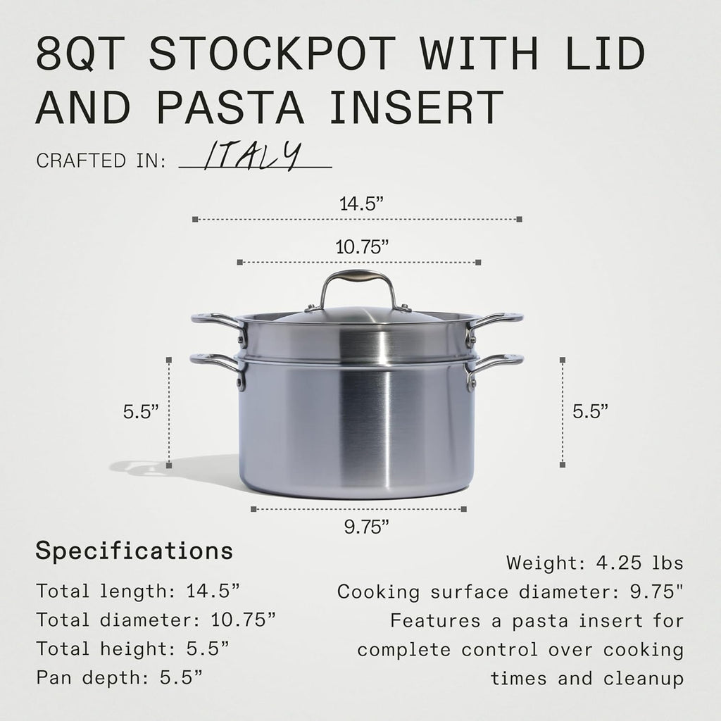 Made In Cookware | 8 Quart Stainless Steel Stock Pot With Lid and Pasta Insert | 5 Ply Stainless Clad | Professional Cookware | Crafted in Italy | Induction Compatible