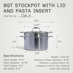 Made In Cookware | 8 Quart Stainless Steel Stock Pot With Lid and Pasta Insert | 5 Ply Stainless Clad | Professional Cookware | Crafted in Italy | Induction Compatible