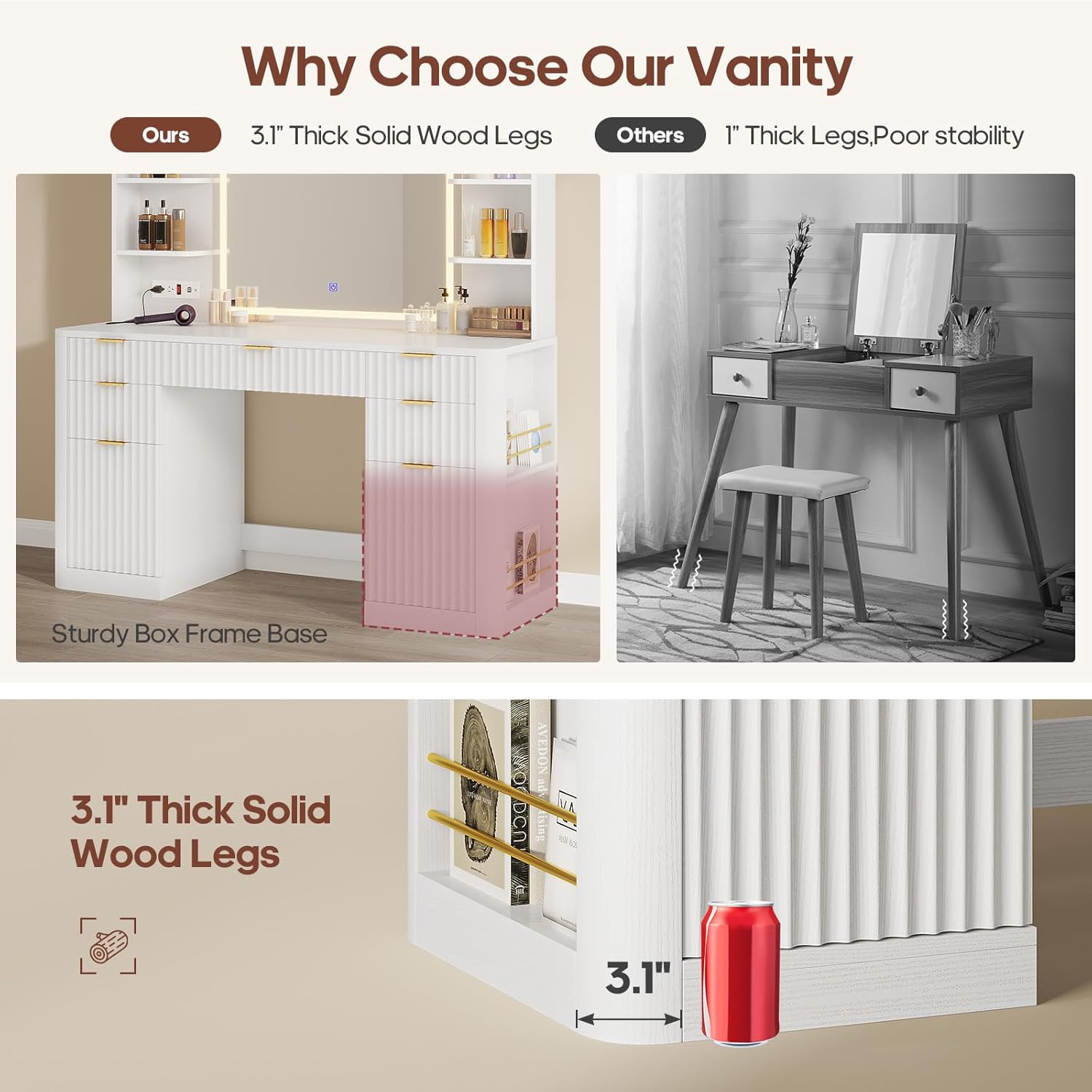 51.2" Fluted Makeup Vanity Desk with Large 30.3" Mirror and Lights, 5 Drawer Vanity with Power Strip, 6 Open Shelves, 2 Cabinet .Modern Dressing Table with Solid Wood Legs for Bedroom, White