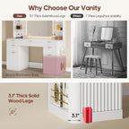 51.2" Fluted Makeup Vanity Desk with Large 30.3" Mirror and Lights, 5 Drawer Vanity with Power Strip, 6 Open Shelves, 2 Cabinet .Modern Dressing Table with Solid Wood Legs for Bedroom, White