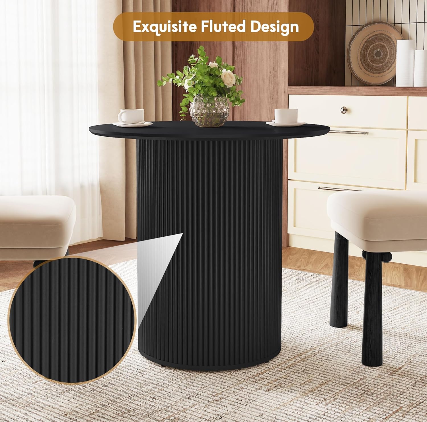 31.5" Black Round Dining Table for 2, Sturdy and Durable Round Wood Dining Table with Fluted Base, Simple Setup Small Kitchen Table for Living Dining Room Office (Black)