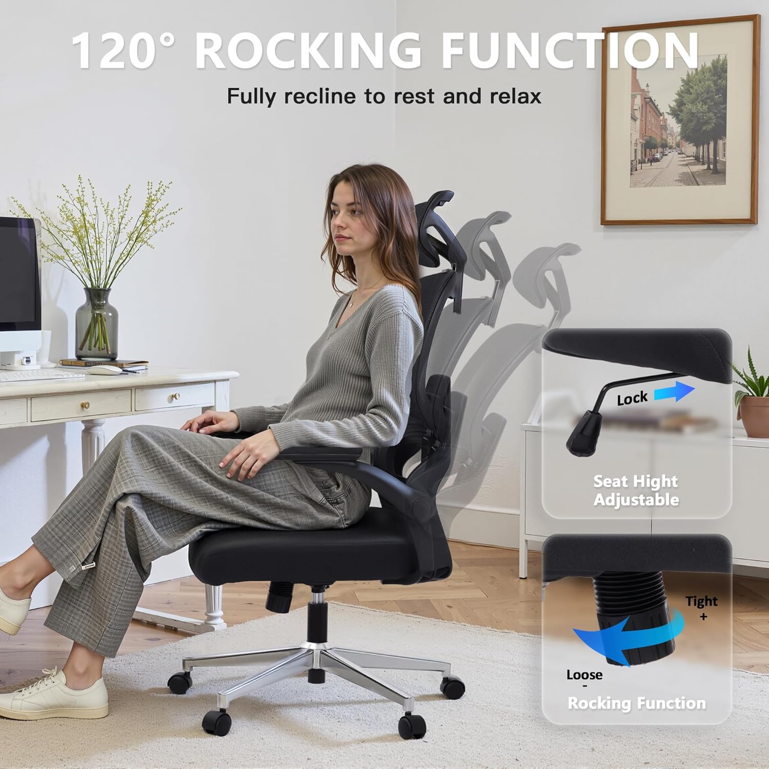 Adjustable Office Chair Computer Chair Ergonomic Desk Chair with Lumbar Support and Headrest High Back Executive Chair with Rolling Function for Home Office Computer Task Seating