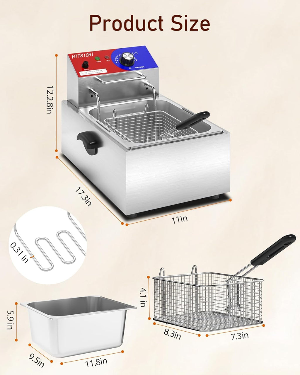 Commercial Deep Fryer - 12 L Electric Deep Fryer with 6 L Basket, Commercial Deep Fryer with Basket, Stainless Steel Countertop Deep Fryer w/Adjustable Temperature and Restaurant Use