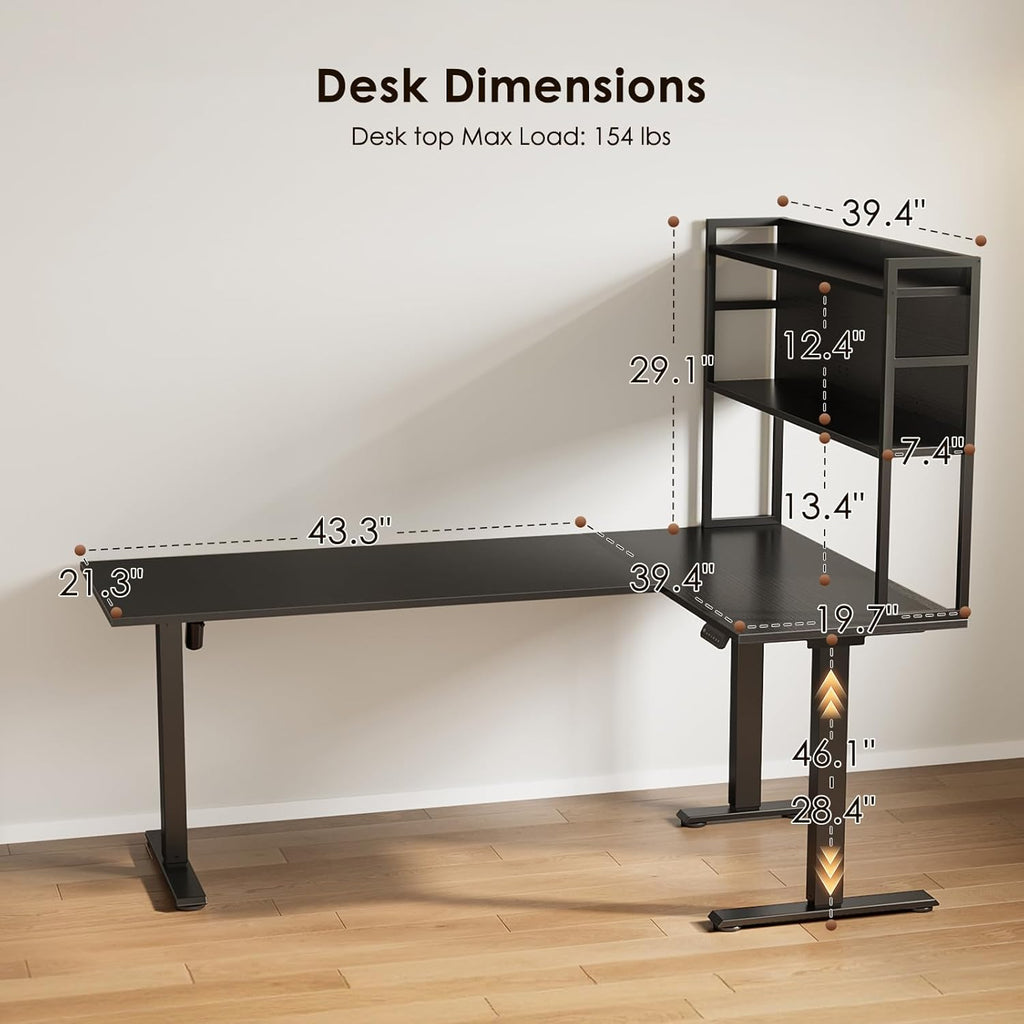 OffiGo L Shaped Electric Standing Desk, 63 Inch Reversible Corner Stand up Table with Hutch, Height Adjustable Ergonomic Large Lift Table for Home Office, Workstation, Black