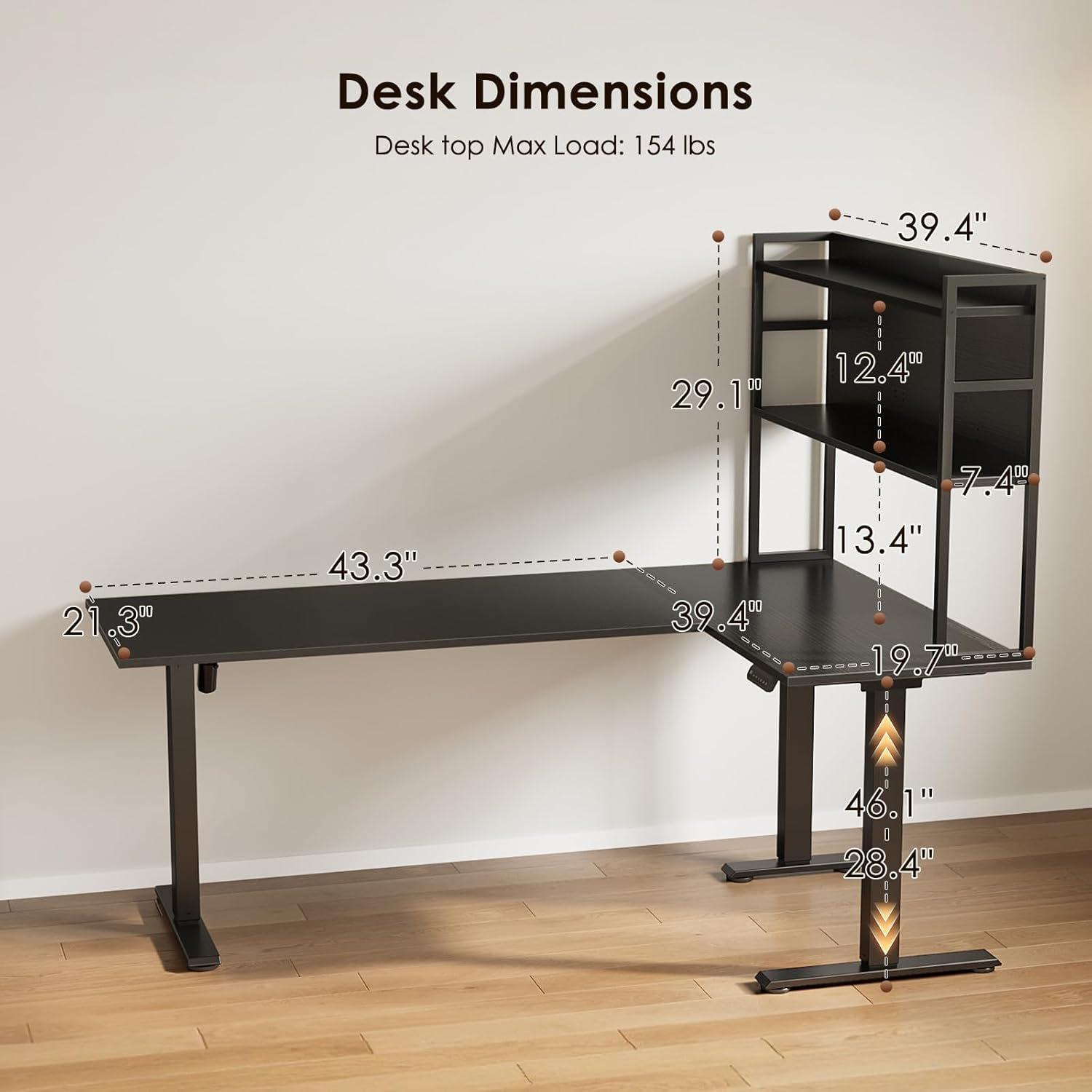 OffiGo L Shaped Electric Standing Desk, 63 Inch Reversible Corner Stand up Table with Hutch, Height Adjustable Ergonomic Large Lift Table for Home Office, Workstation, Black