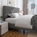King Size Linen Bed Frame, Upholstered Platform Bed Frame with Adjustable Headboard, Wooden Slats Support, No Box Spring Needed, Easy Assembly, Grey