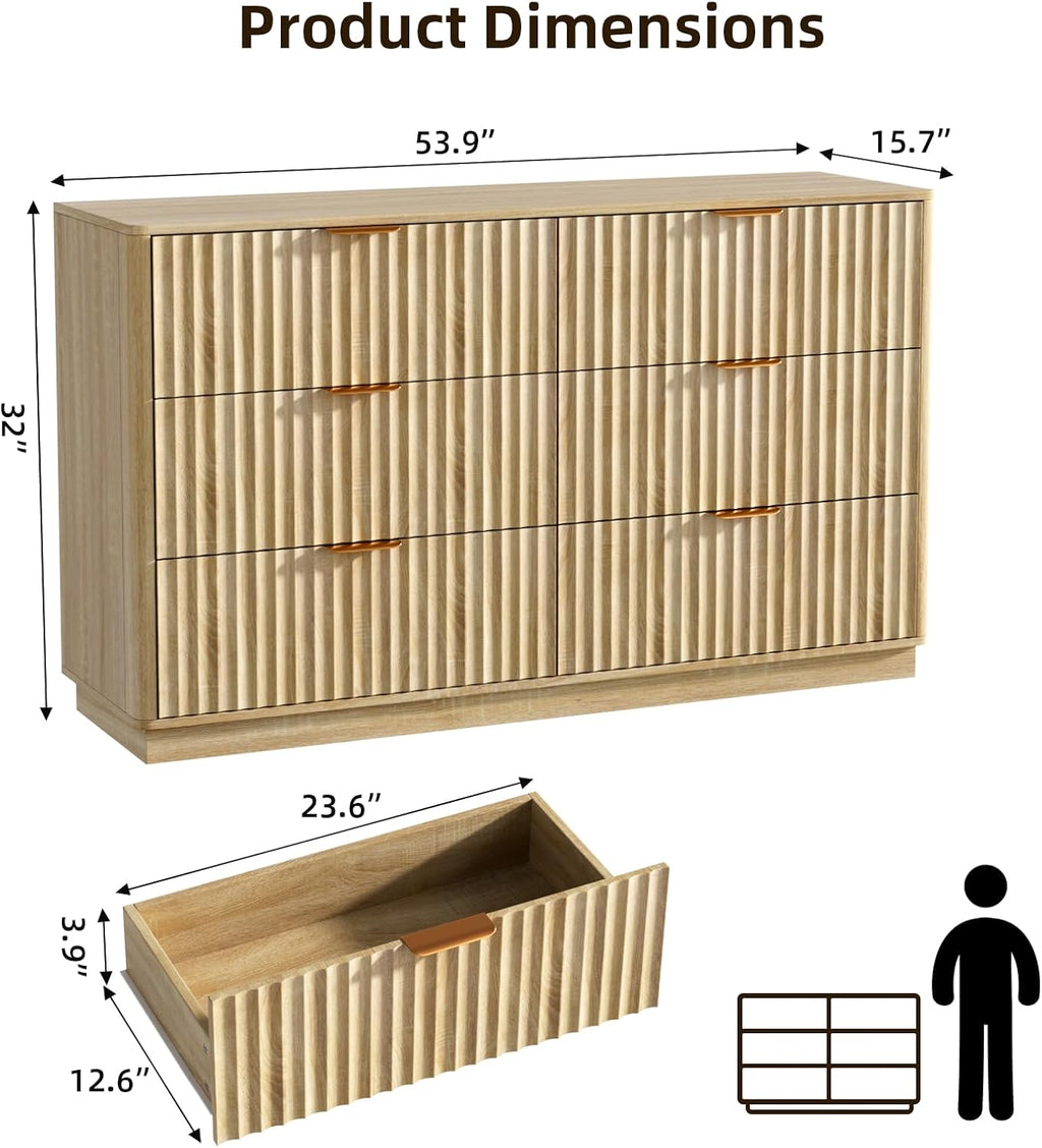 VOWNER Fluted 6 Drawers Dresser for Bedroom, 54" Wide Modern Chest of Drawers with Metal Handle, Closet Clothes Storage Organizer, Wood Dresser TV Stand for Living Room, Closet, Hallway, Entryway