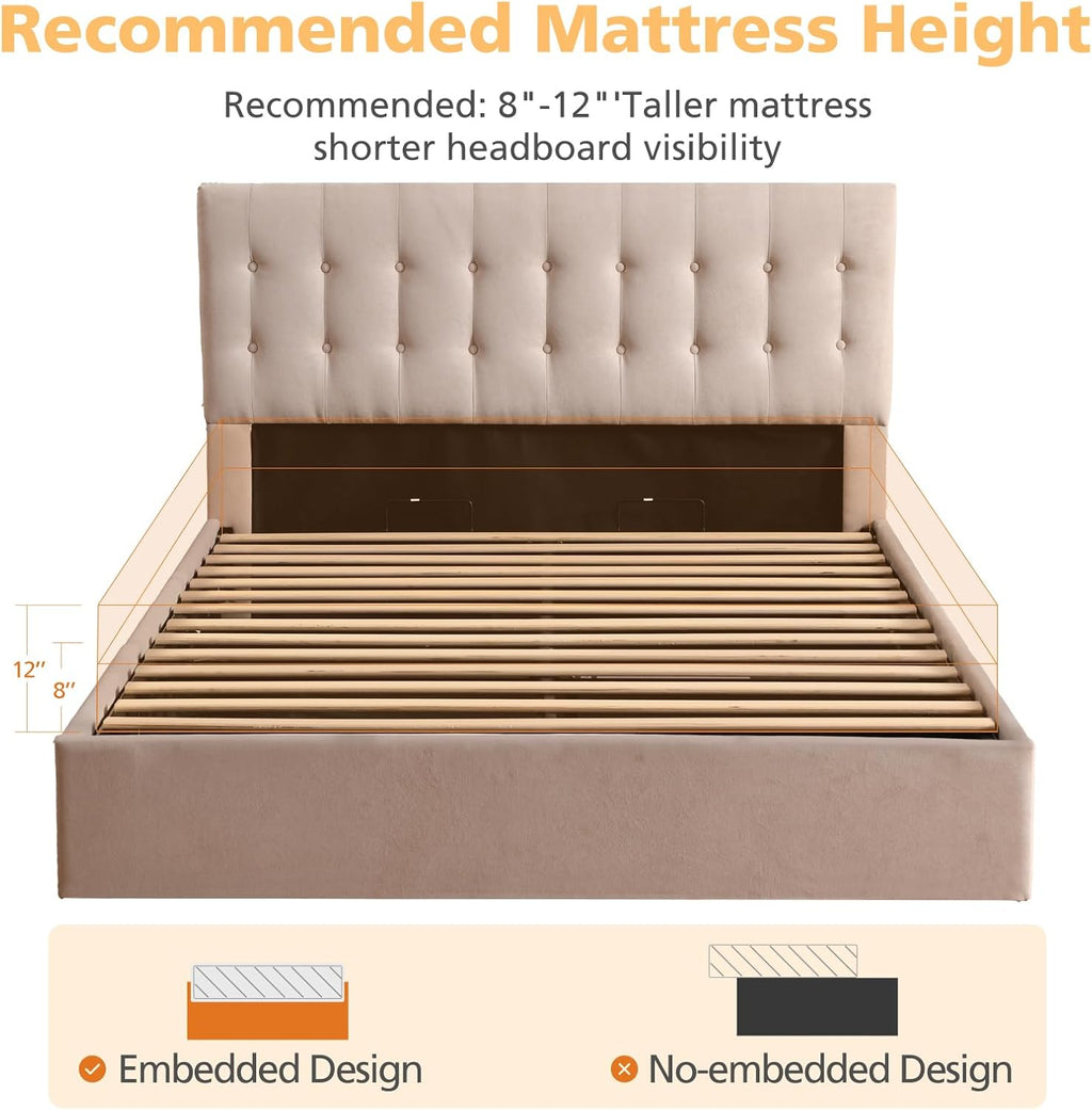 VELOCAVA Queen Size Lift-Up Storage Bed, Modern Upholstered Platform Frame, Ample Under-Bed Storage, Button-Tufted Headboard, Sturdy Wooden Slats, No Box Spring Needed, Linen-Textured Light Khaki