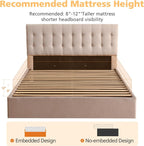 VELOCAVA Queen Size Lift-Up Storage Bed, Modern Upholstered Platform Frame, Ample Under-Bed Storage, Button-Tufted Headboard, Sturdy Wooden Slats, No Box Spring Needed, Linen-Textured Light Khaki