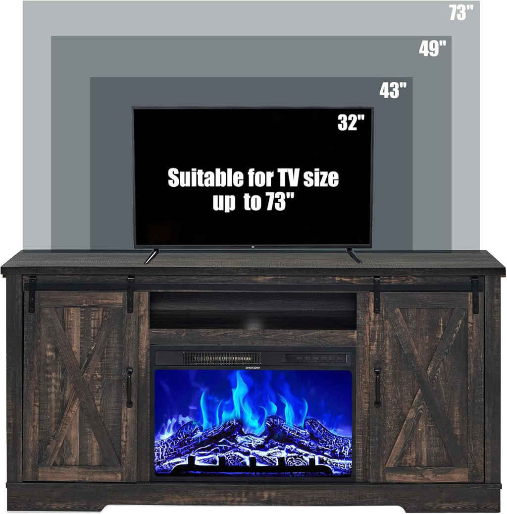 AMERLIFE Fireplace TV Stand with Sliding Barn Door for TVs up to 73", Farmhouse 63" Fireplace Entertainment Center with Storage Cabinets/Adjustable Shelves, Dark Rustic Oak