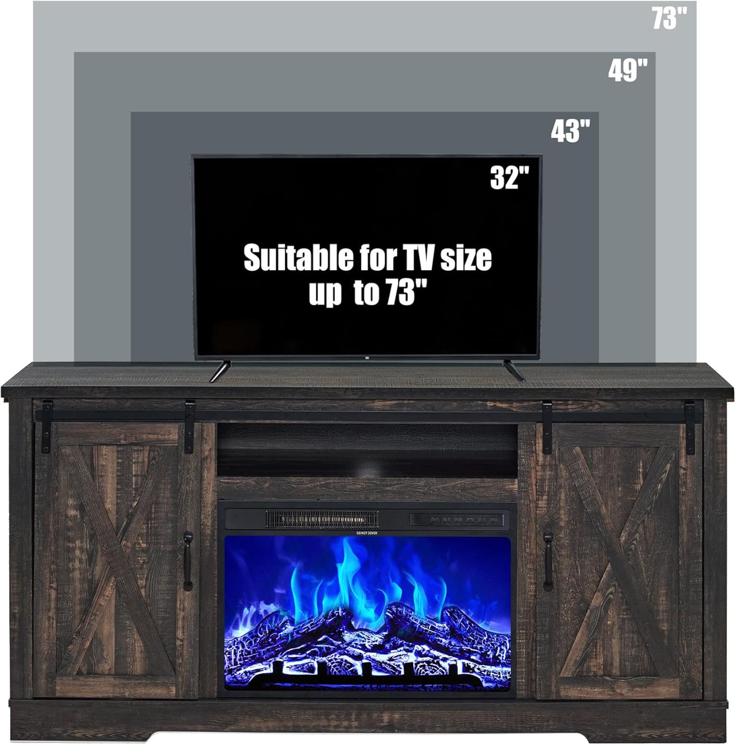 AMERLIFE Fireplace TV Stand with Sliding Barn Door for TVs up to 73", Farmhouse 63" Fireplace Entertainment Center with Storage Cabinets/Adjustable Shelves, Dark Rustic Oak