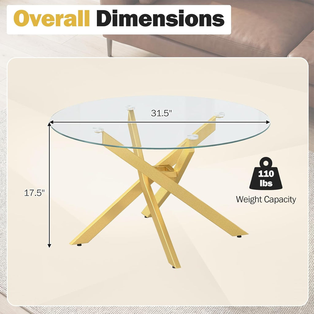 Giantex Round Glass Coffee Table, 31.5" Modern Center Table with Tempered Glass Top & Geometric Metal Frame, Clear Accent Cocktail Table, Small Coffee Table for Living Room, Small Spaces (Gold)