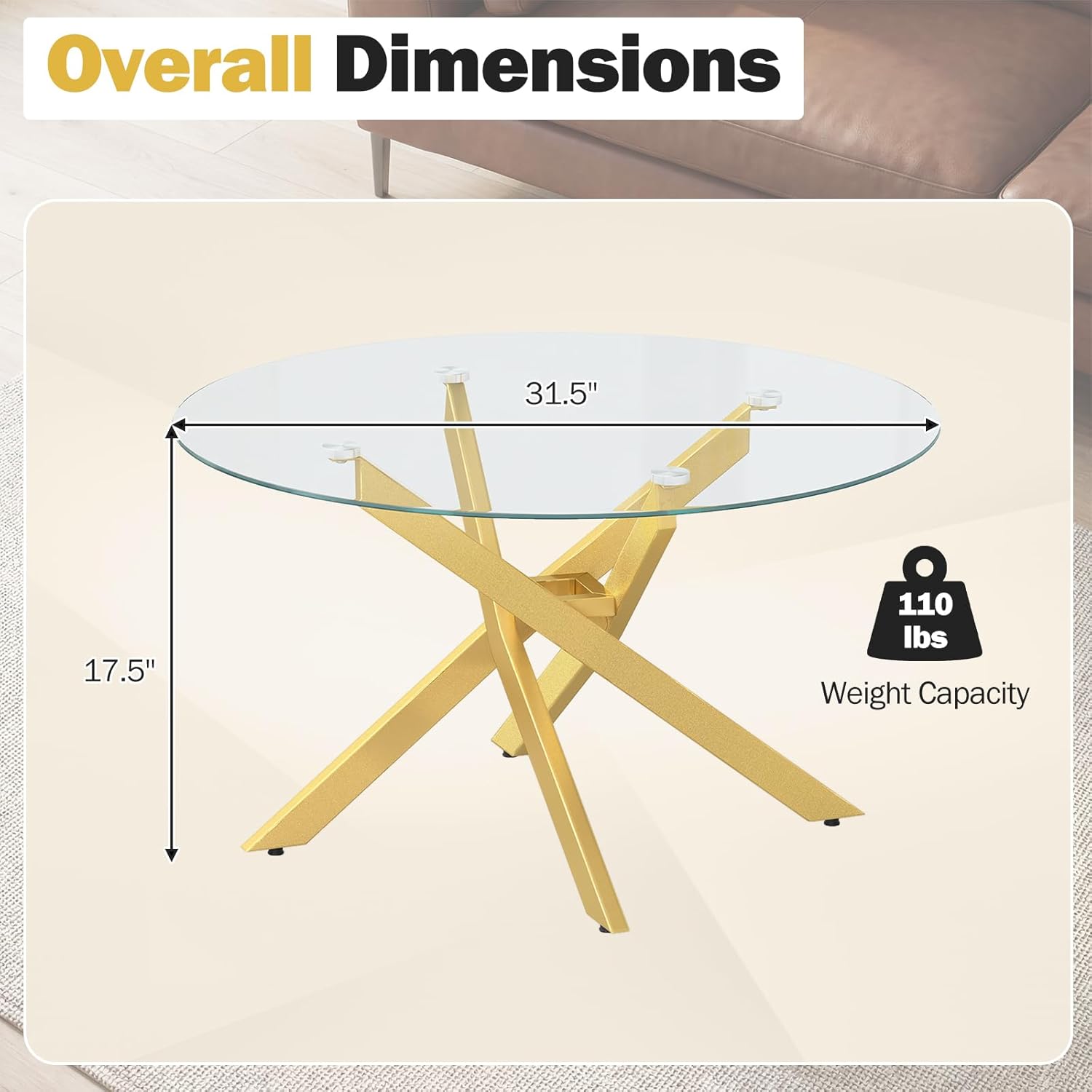 Giantex Round Glass Coffee Table, 31.5" Modern Center Table with Tempered Glass Top & Geometric Metal Frame, Clear Accent Cocktail Table, Small Coffee Table for Living Room, Small Spaces (Gold)