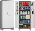 71" H Metal Storage Cabinet with Wheels and Pegboard, Lockable Steel Garage Storage Cabinet with 5 Adjustable Shelves and Door for Garage, Office, Kitchen, Assembly Required（Grey and White）