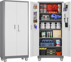 71" H Metal Storage Cabinet with Wheels and Pegboard, Lockable Steel Garage Storage Cabinet with 5 Adjustable Shelves and Door for Garage, Office, Kitchen, Assembly Required（Grey and White）