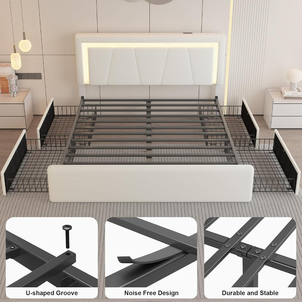 Full Size Bed Frame with 4 Storage Drawers and LED Lights, Upholstered Platform Bed with Adjustable Headboard and Charging Station, Metal Slats Support, No Box Spring Needed,Easy Assembly, White