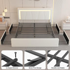 Full Size Bed Frame with 4 Storage Drawers and LED Lights, Upholstered Platform Bed with Adjustable Headboard and Charging Station, Metal Slats Support, No Box Spring Needed,Easy Assembly, White