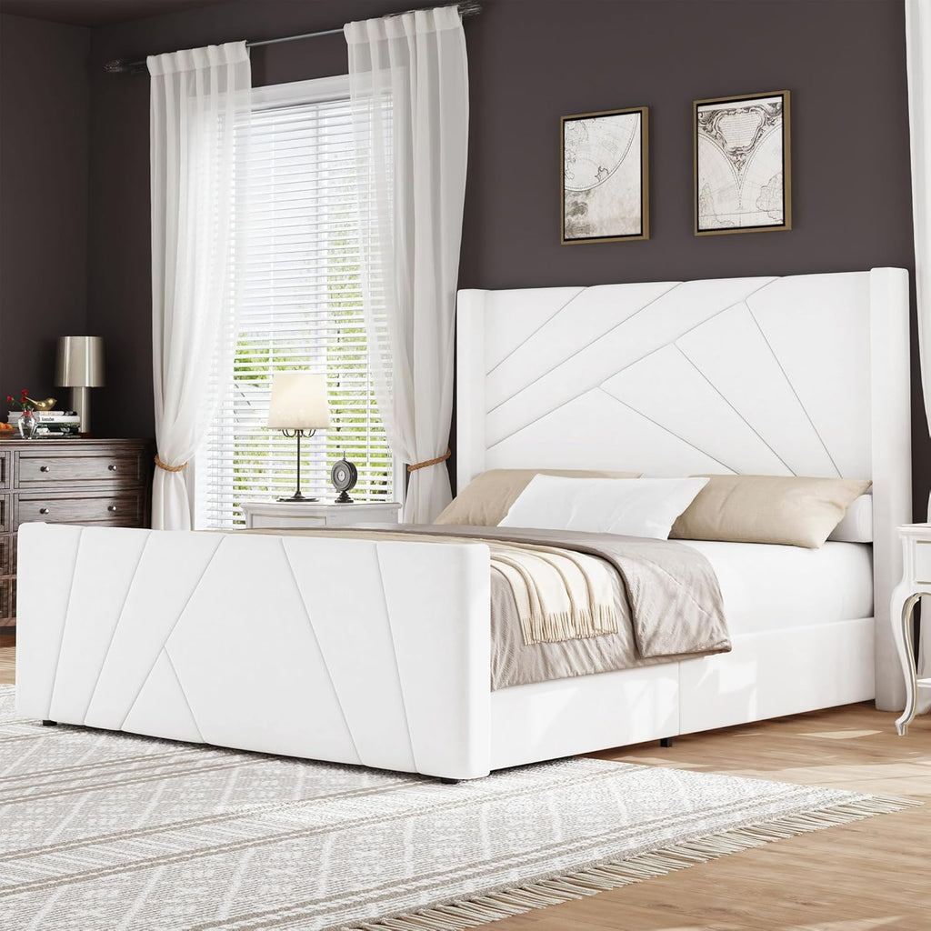 BarnFurin Queen Size Bed Frame, Velvet Upholstered Platform Bed with Geometric Tufted Headboard & Footboard, Wingback Design, Mattress Foundation with Wooden Slats, Cream White