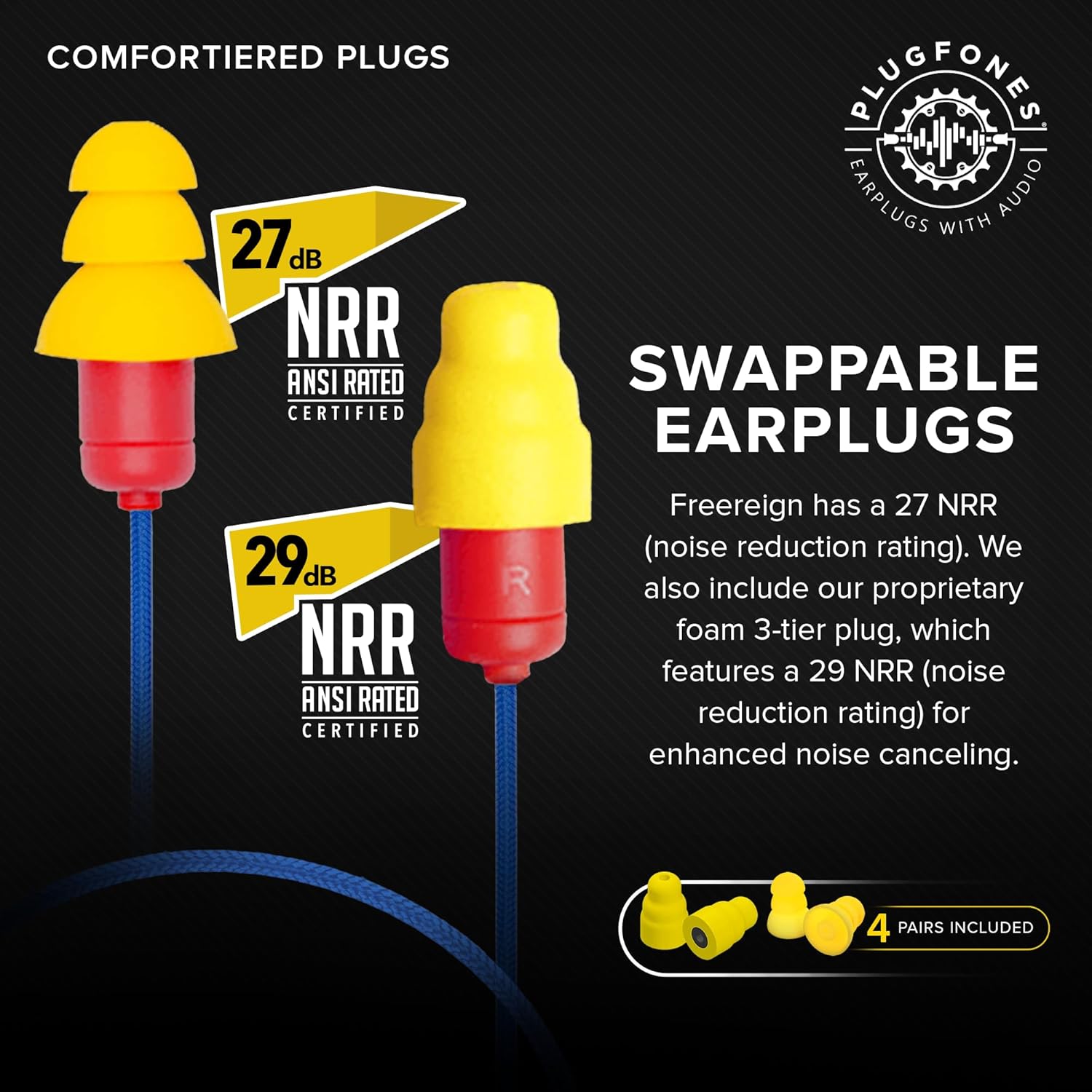 Plugfones FreeReign Volume Limited Wireless Bluetooth in-Ear Earplug Earbuds - Noise Reduction Headphones with Noise Isolating Mic and Controls, Blue & Yellow