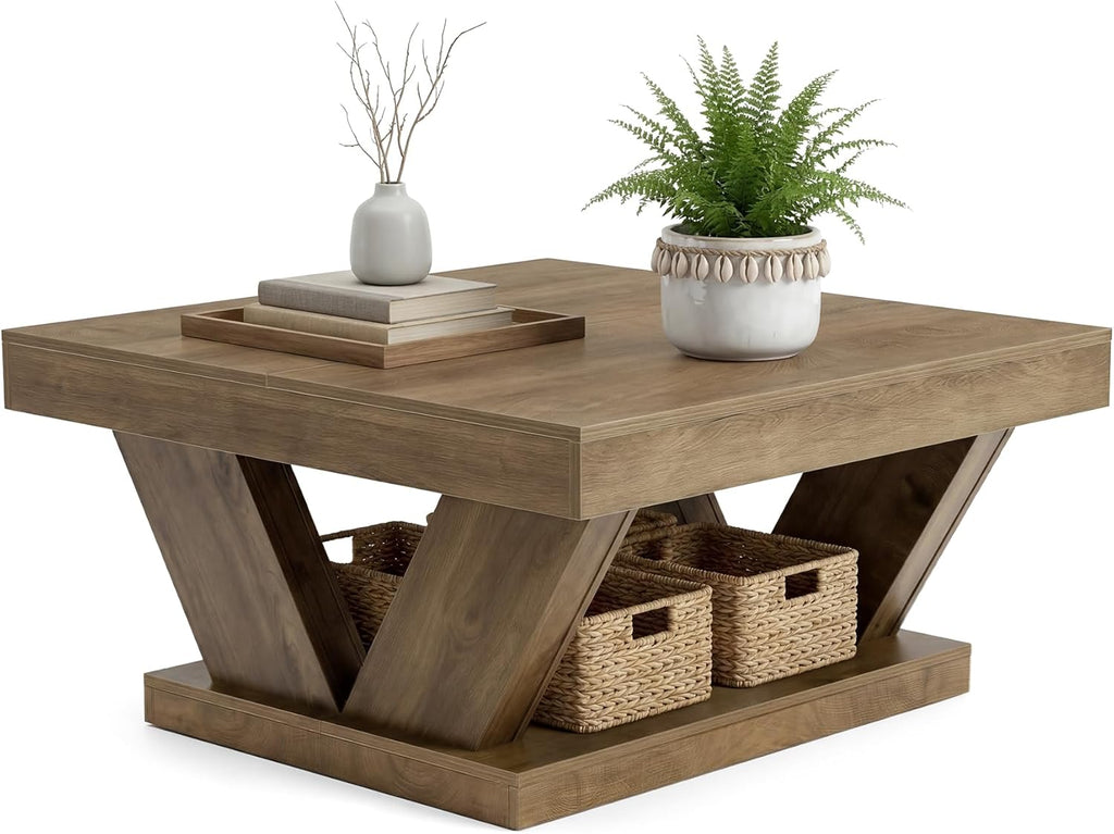 LITTLE TREE Coffee Table, Farmhouse Coffee Table with Large Storage Shelf, 2-Tier Rustic Wood Modern Center Table for Living Room、Home Office, Rustic Brown
