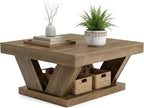 LITTLE TREE Coffee Table, Farmhouse Coffee Table with Large Storage Shelf, 2-Tier Rustic Wood Modern Center Table for Living Room、Home Office, Rustic Brown