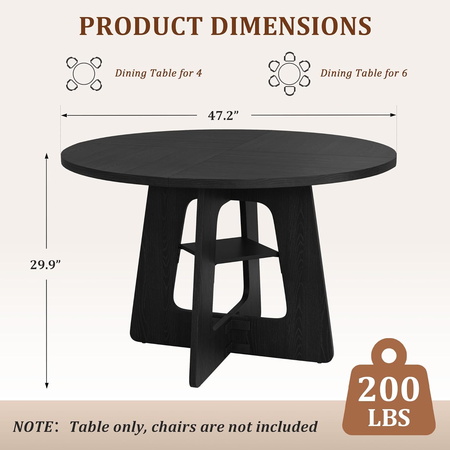Round Dining Table for 4-6, 47" Kitchen Table for Dining Room, Modern Black Dining Table, Circle Kitchen Table for Living Room, Apartment