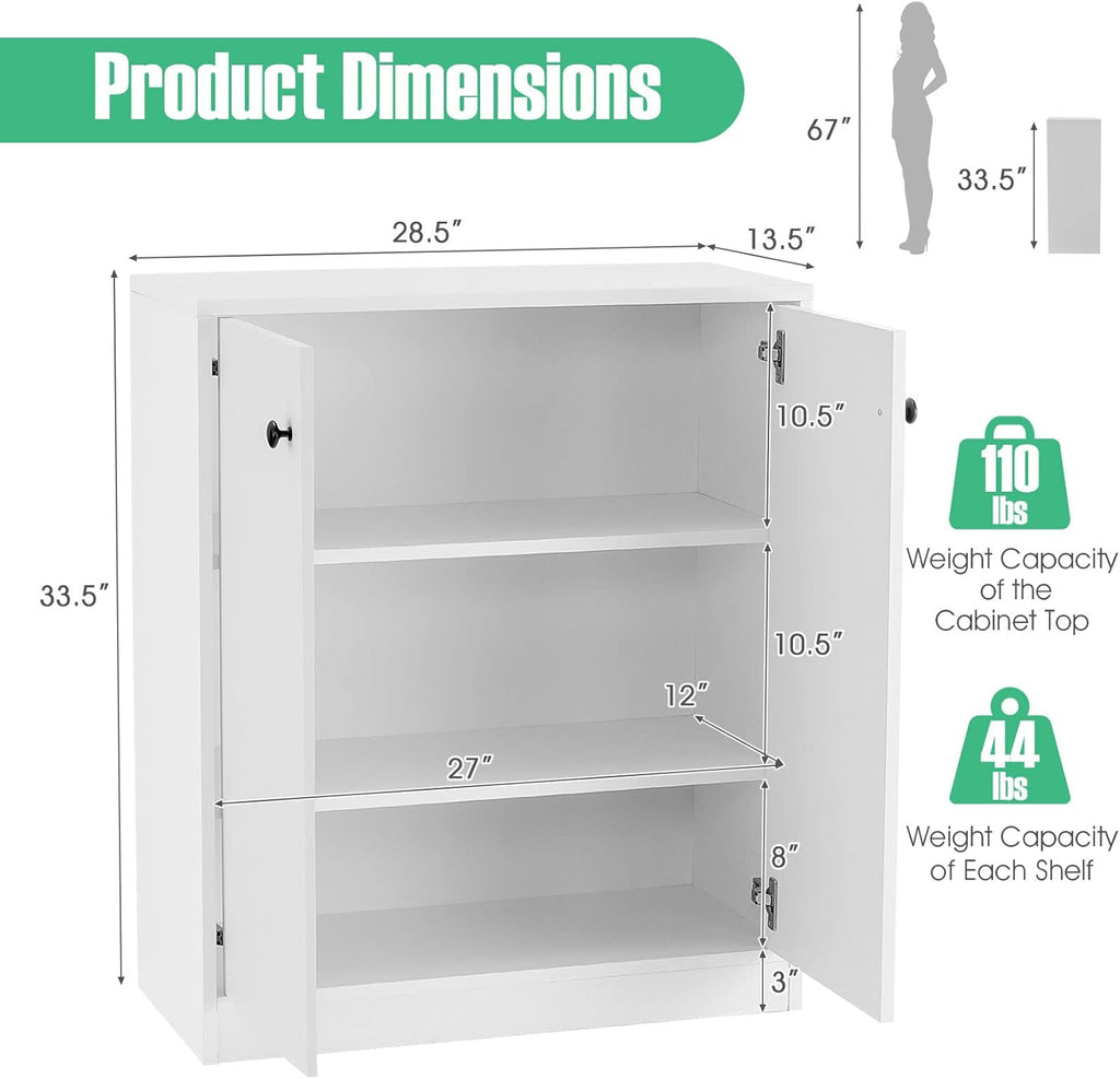 Giantex 2 Door Storage Base Cabinet - Freestanding Floor Cabinet with 3-Tier Shelf, 28” x 13.5” x 33.5”, Non-Slip Foot Pads, Kitchen Cupboard Storage Organizer for Living Room, Entryway, Office