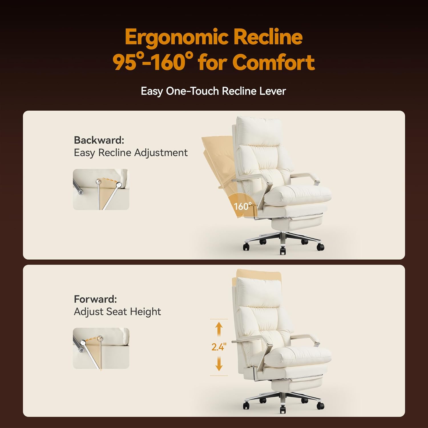M76 160° Reclining Office Chair with Footrest, 10" Thick Cloud Cushion Executive Desk Chair, Extra Wide Cross-Legged Ergonomic Chair for Big and Tall, Adjustable Seat Depth, Easy Assembly, Cream