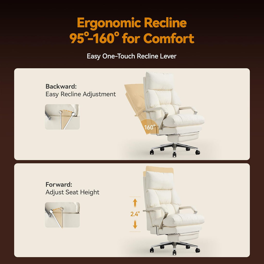 M76 160° Reclining Office Chair with Footrest, 10" Thick Cloud Cushion Executive Desk Chair, Extra Wide Cross-Legged Ergonomic Chair for Big and Tall, Adjustable Seat Depth, Easy Assembly, Cream