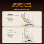 M76 160° Reclining Office Chair with Footrest, 10" Thick Cloud Cushion Executive Desk Chair, Extra Wide Cross-Legged Ergonomic Chair for Big and Tall, Adjustable Seat Depth, Easy Assembly, Cream