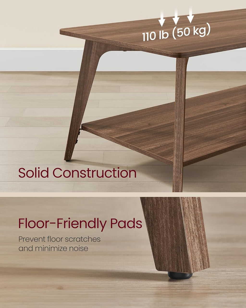 VASAGLE MAEZO Collection - Coffee Table, 2-Tier Center Table with Storage, Tapered Legs, Curved Transitions, 21.7 x 39.4 x 17.7 Inches, Easy to Assemble, for Living Room, Chestnut Brown ULCT249KX01S