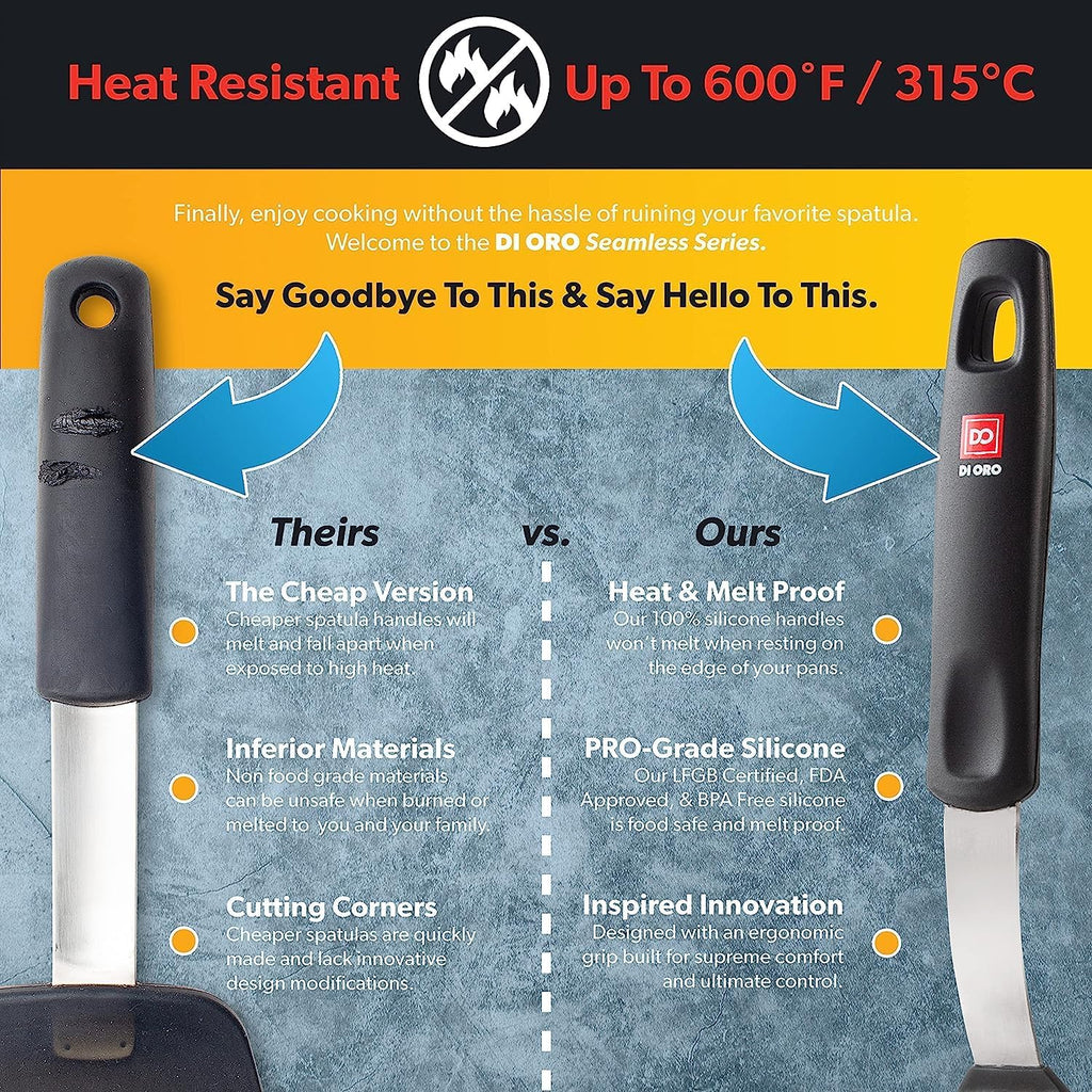 DI ORO Silicone Turner Spatula Set - Forever Warranty - Kitchen Spatulas for Nonstick Cookware - 600°F Heat-Resistant & BPA Free - Flexible & Thin Flippers for Turning Eggs & Pancakes (6 Piece, Black)