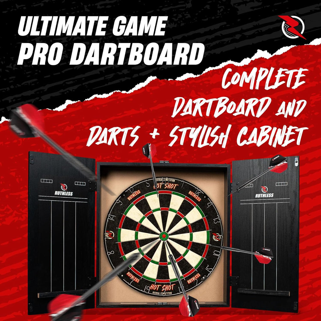 Ruthless Home Darts Centre with or Without LED Light Options | Home Dart Board Centre Including Cabinet, Dartboard and 2 Sets of Darts.