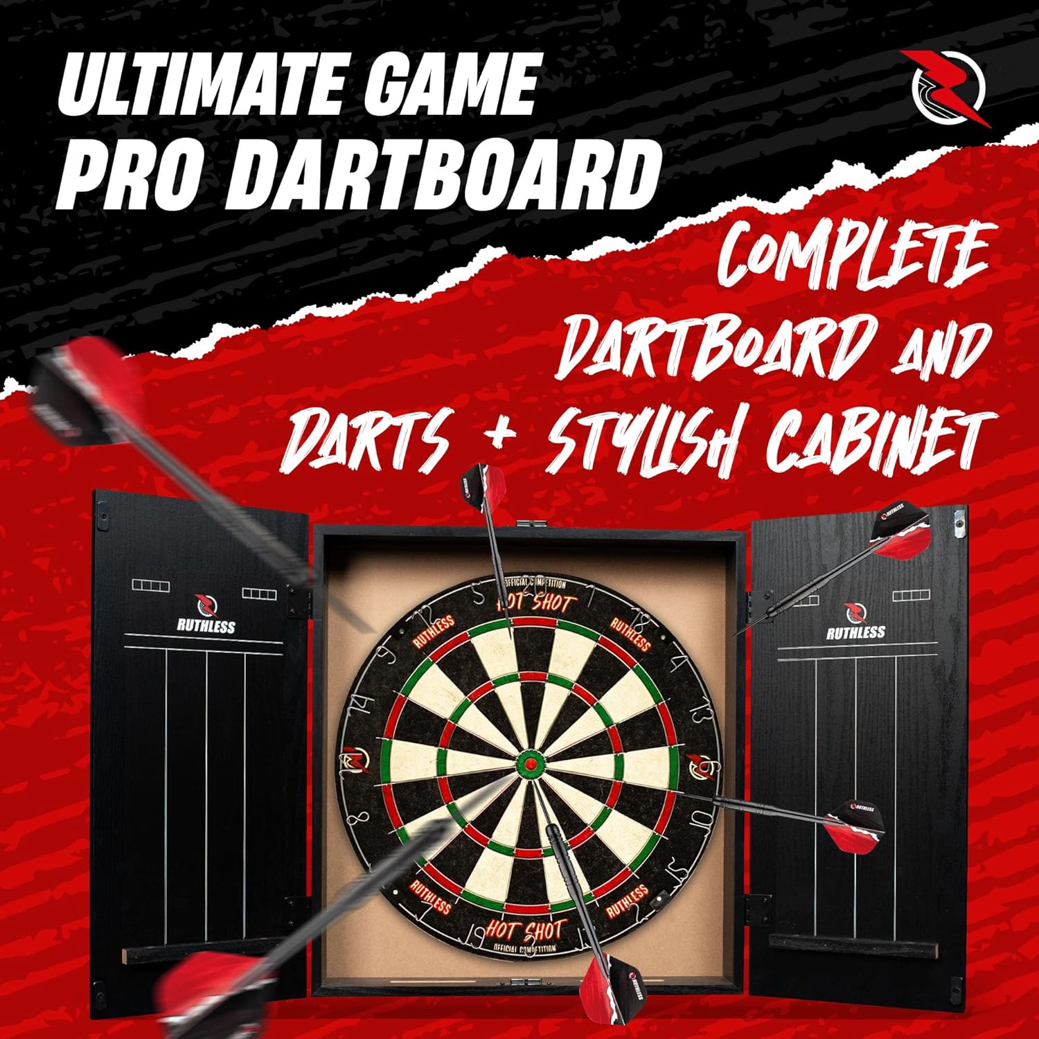 Ruthless Home Darts Centre with or Without LED Light Options | Home Dart Board Centre Including Cabinet, Dartboard and 2 Sets of Darts.
