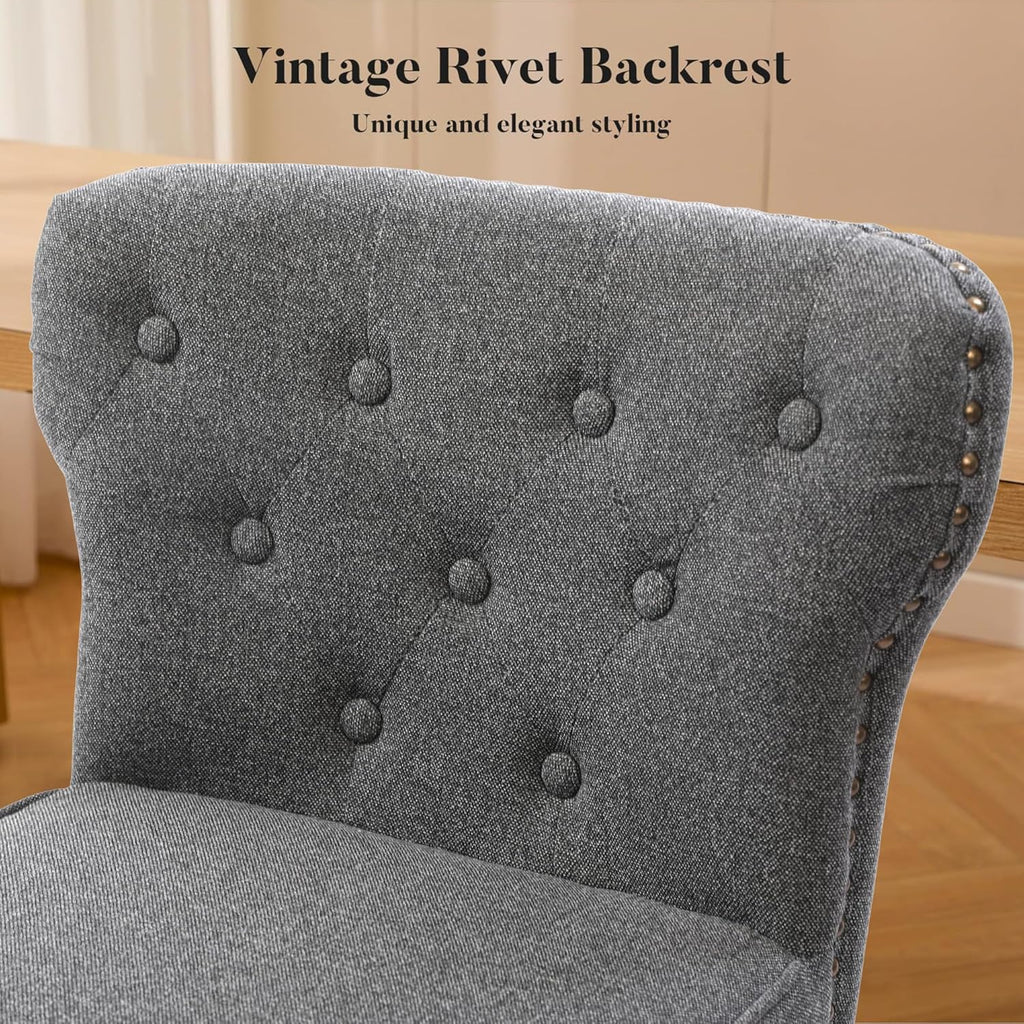 Counter Height Bar Stools Set of 2, 26" Mid-Century Swivel Bar Stool with Metal Base for Kitchen Island, Rivet Armless Linen Fabric Barstool with High Back and Large Thick Cushion, Gray