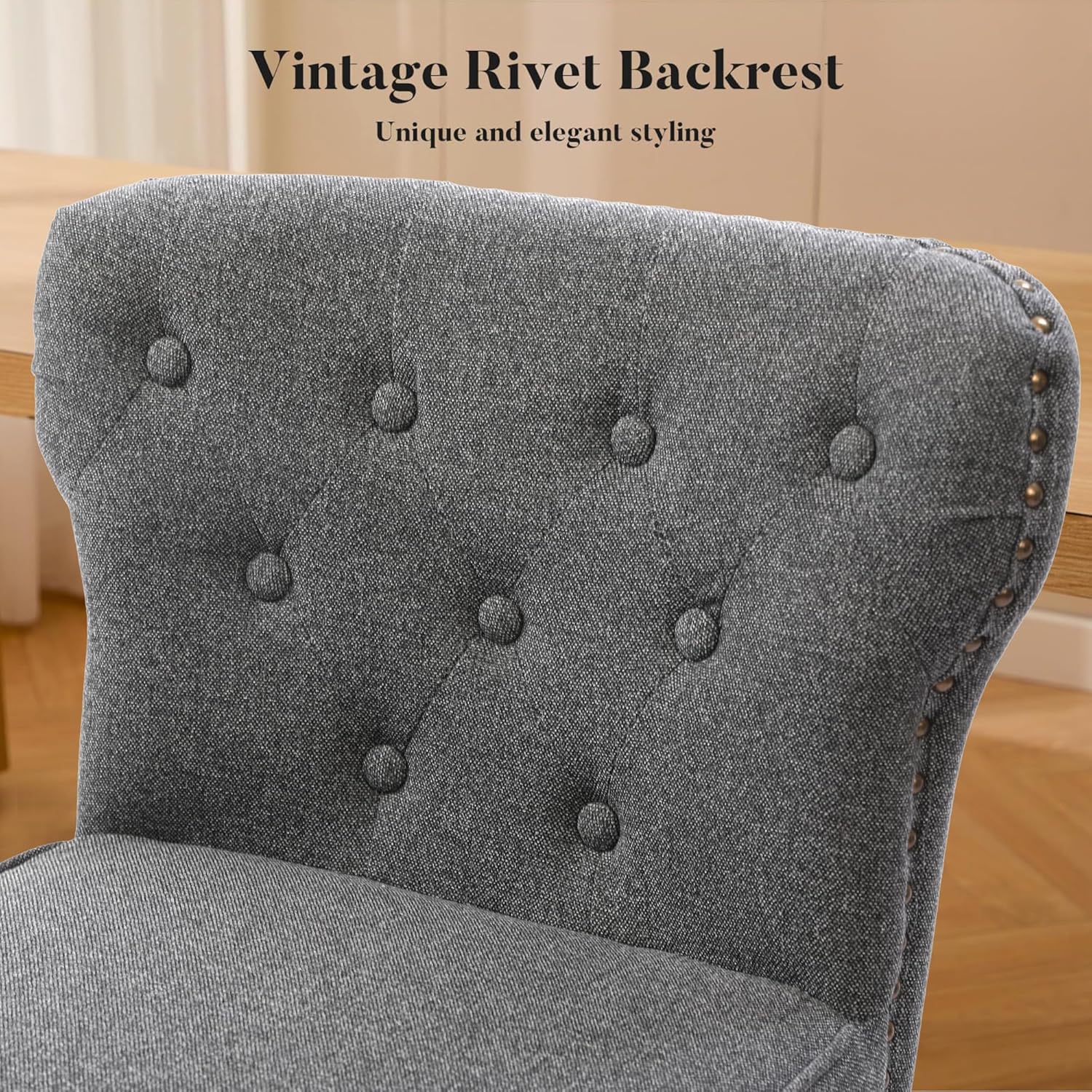 Counter Height Bar Stools Set of 2, 26" Mid-Century Swivel Bar Stool with Metal Base for Kitchen Island, Rivet Armless Linen Fabric Barstool with High Back and Large Thick Cushion, Gray